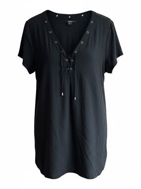 Zebra Lace-Up V-Neck ,( Short Sleeve Tunic style bathing suit cover  Black